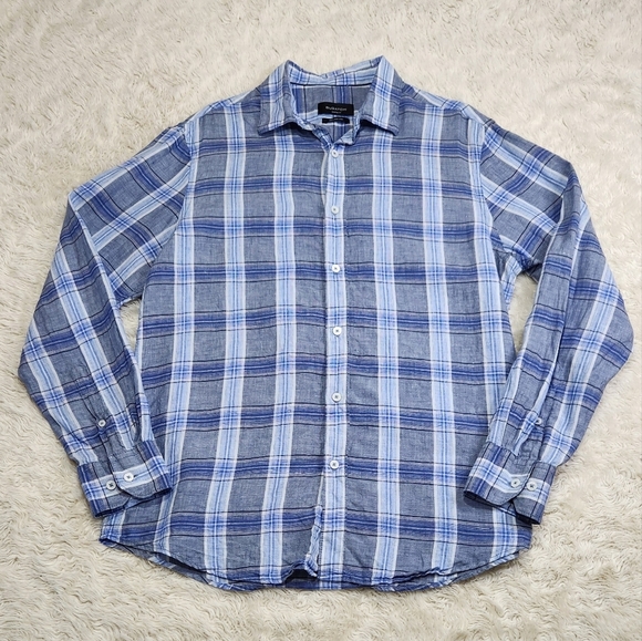 Bugatchi Julian Plaid Check Linen Shirt BS5276L4S Denim Blue Mens Sz Med - Picture 3 of 11